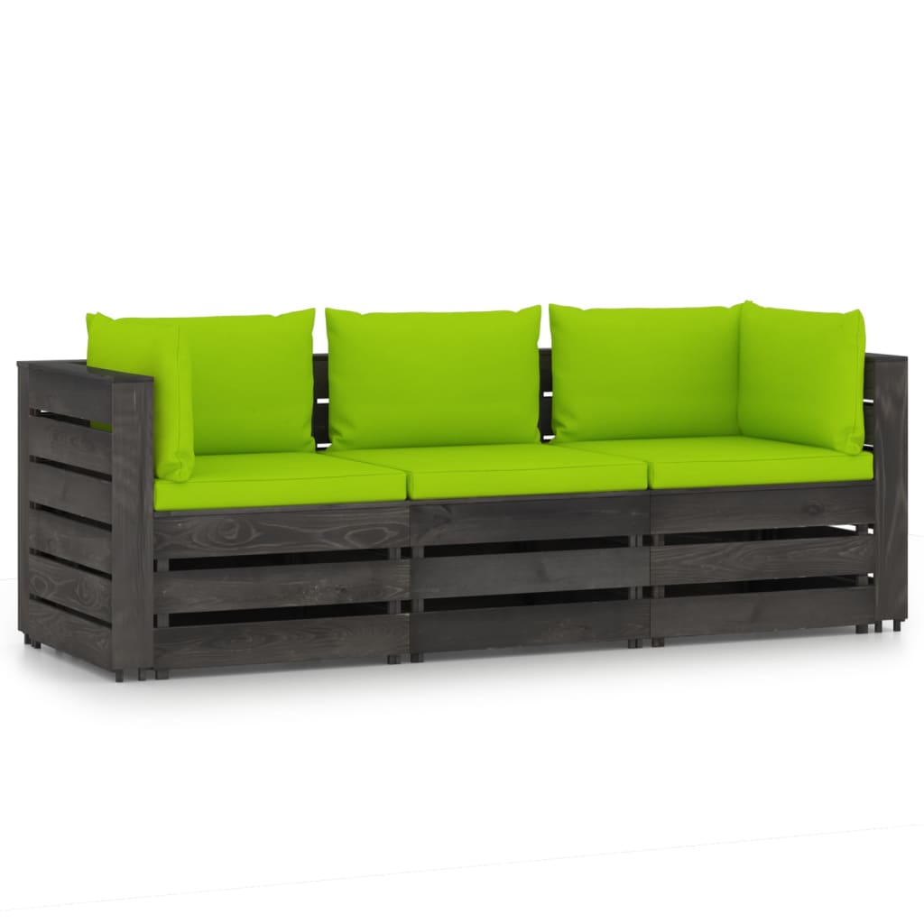 3-Seater Garden Sofa with Cushions Grey Impregnated Wood