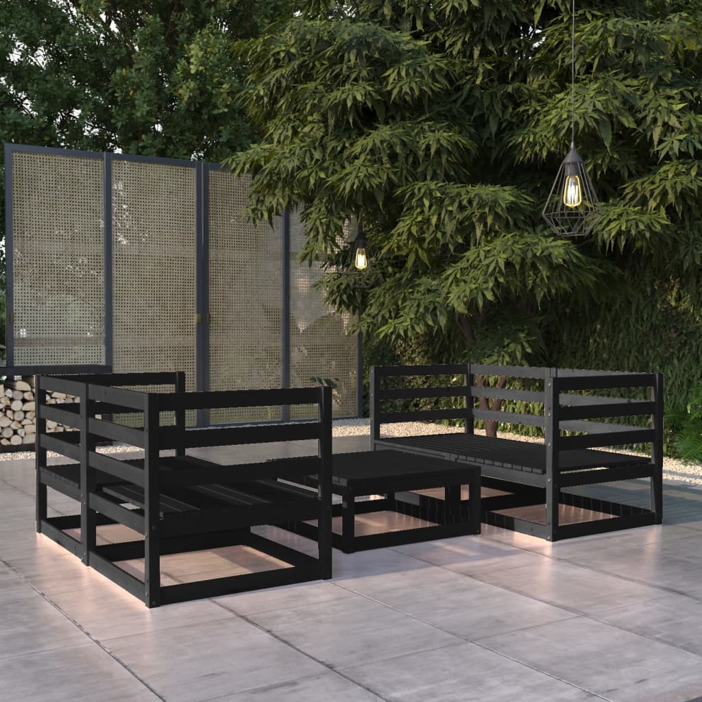 5 Piece Garden Lounge Set Black Solid Wood Pine