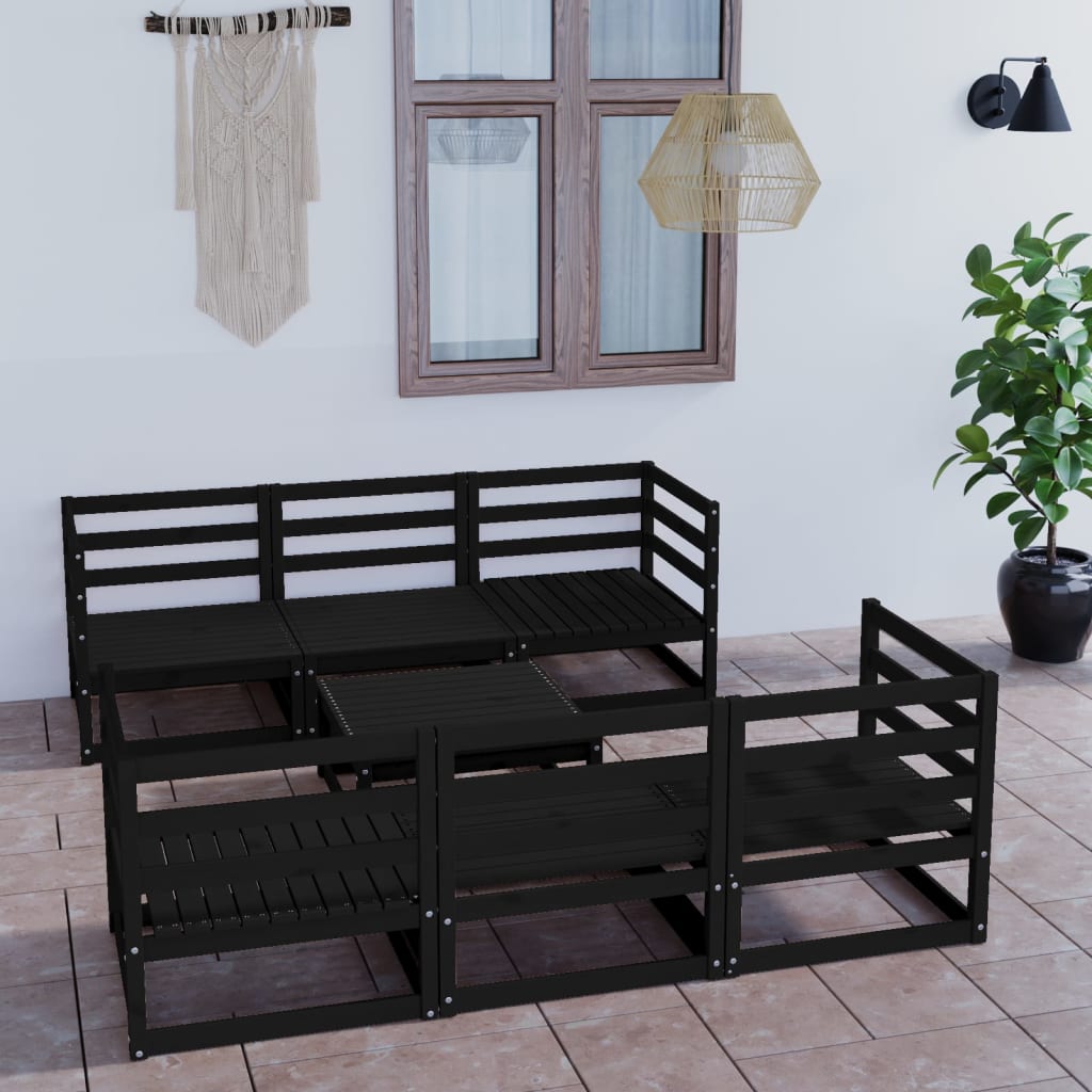 7 Piece Garden Lounge Set Black Solid Pinewood