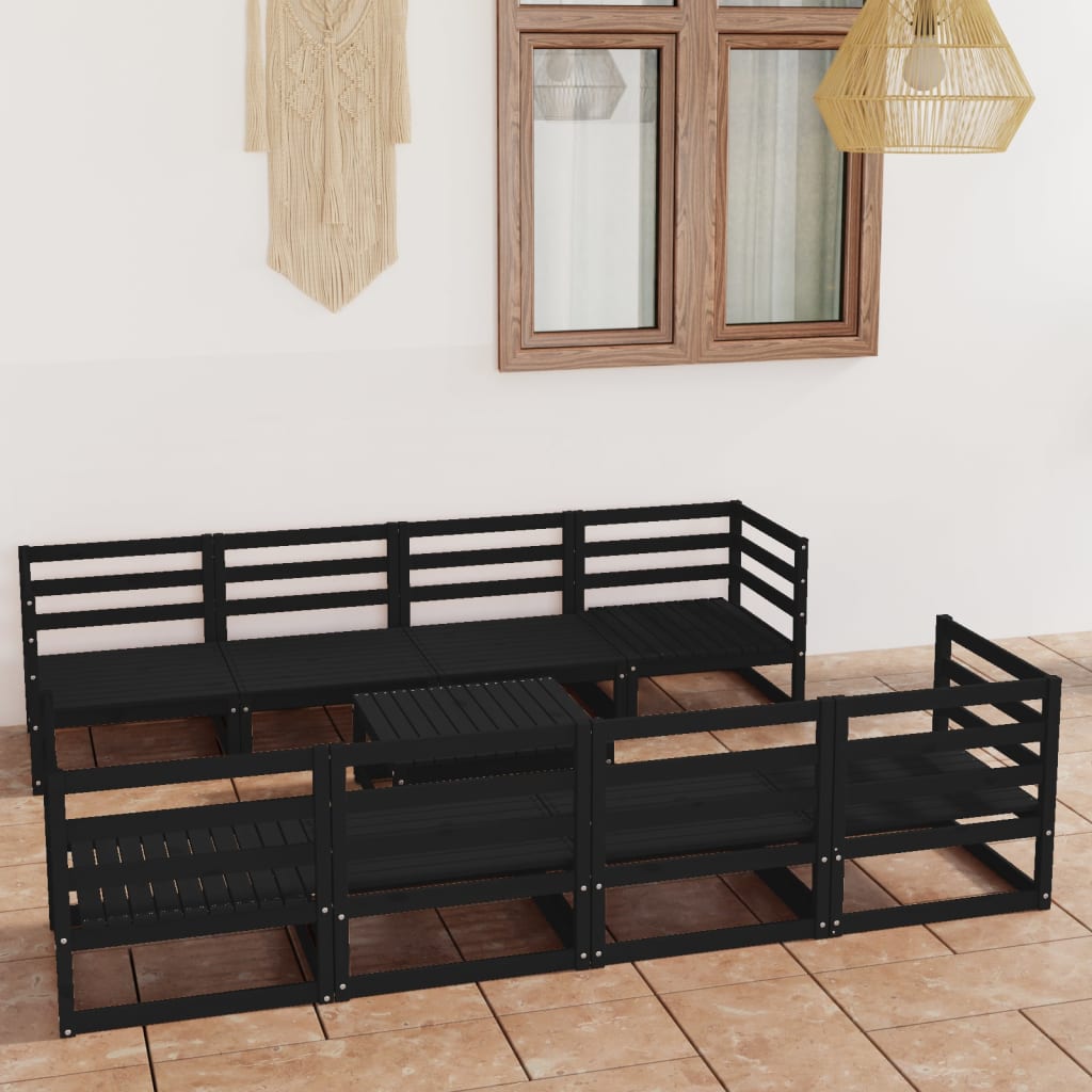 9 Piece Garden Lounge Set Black Solid Pinewood