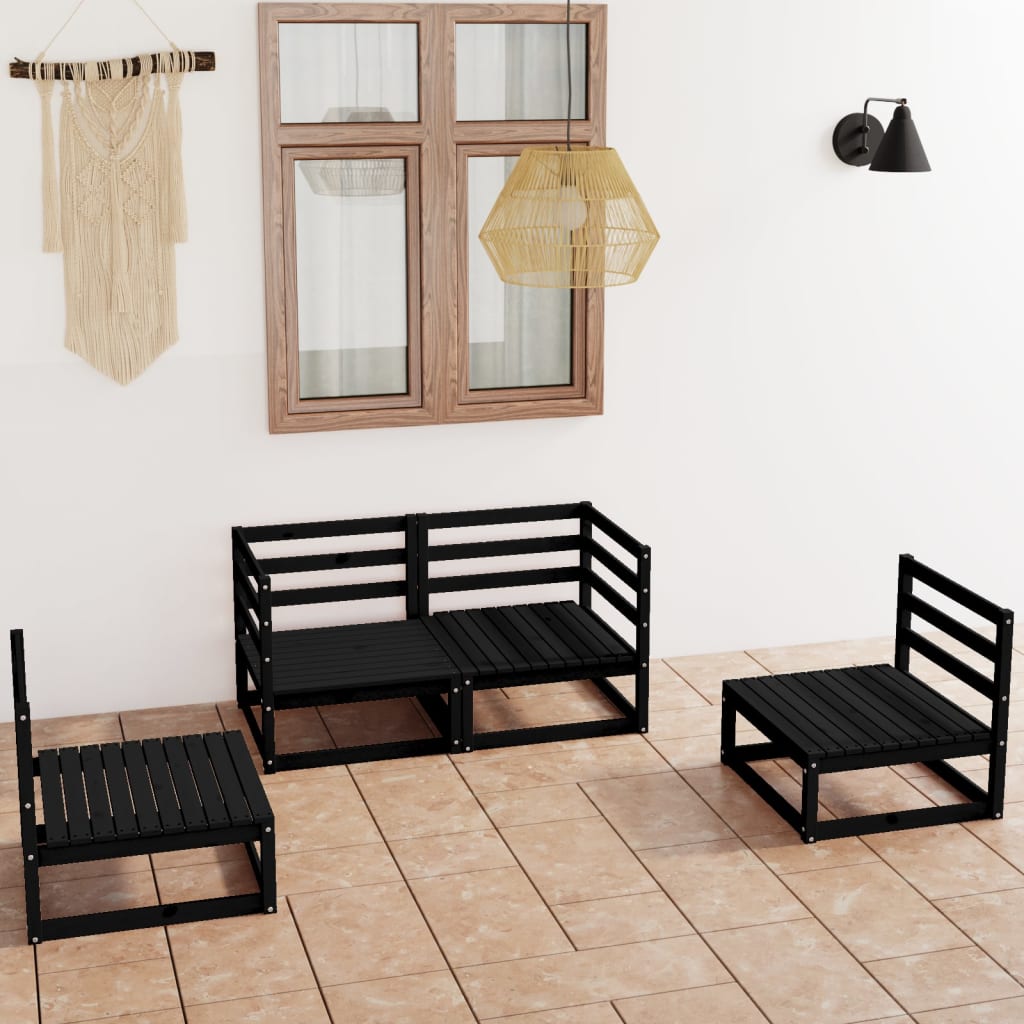 4 Piece Garden Lounge Set Black Solid Wood Pine