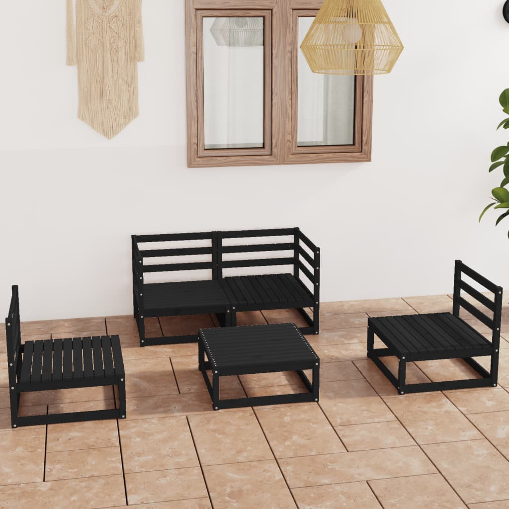 5 Piece Garden Lounge Set Black Solid Wood Pine
