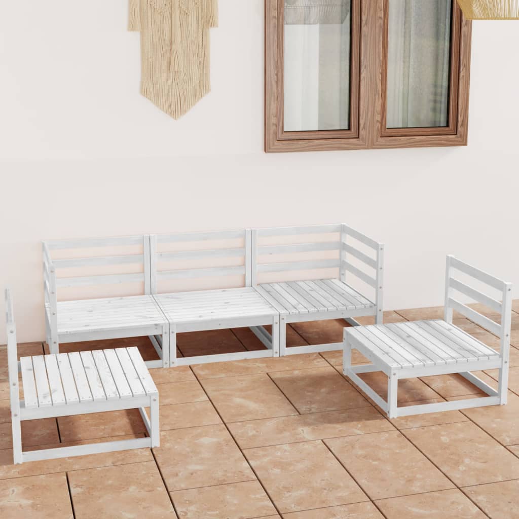 5 Piece Garden Lounge Set White Solid Wood Pine