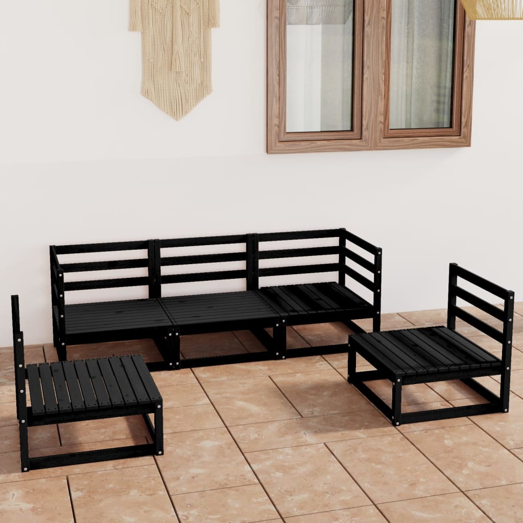5 Piece Garden Lounge Set Black Solid Pinewood