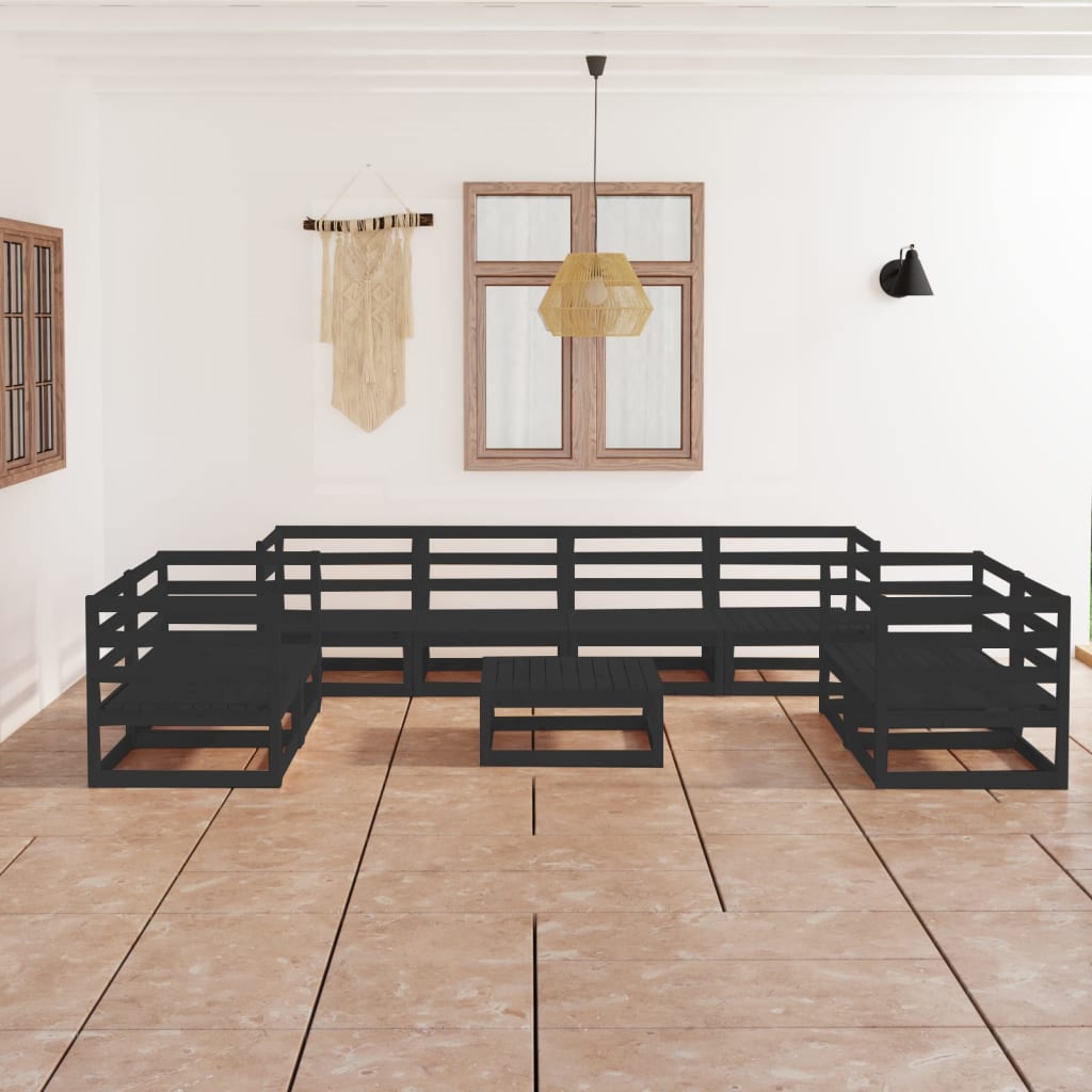 9 Piece Garden Lounge Set Black Solid Pinewood