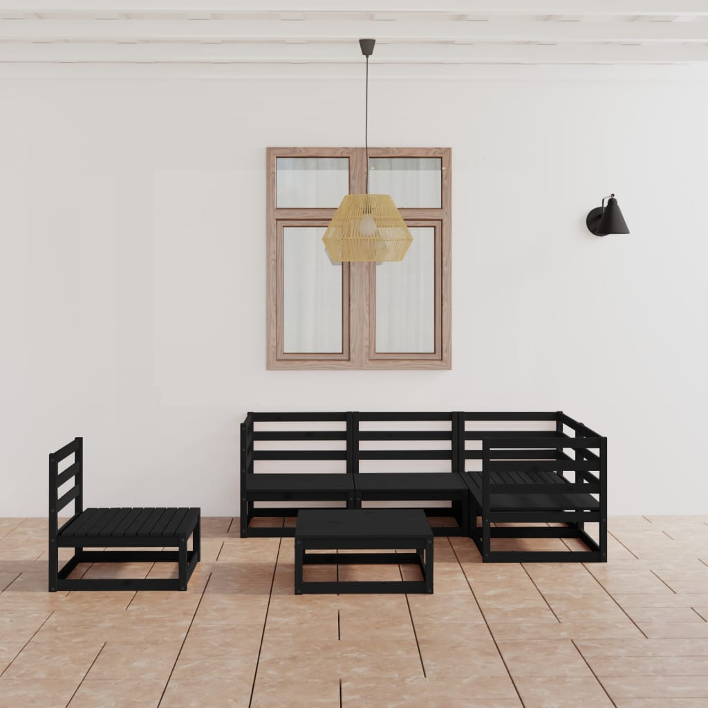 6 Piece Garden Lounge Set Black Solid Wood Pine