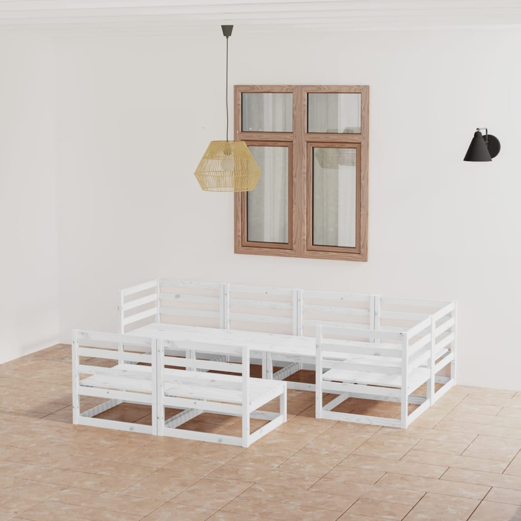 7 Piece Garden Lounge Set White Solid Wood Pine