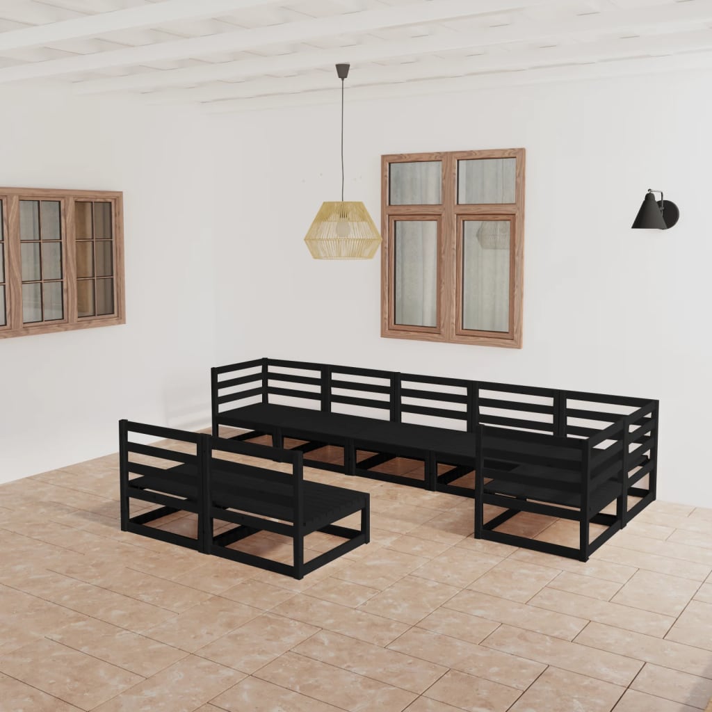 8 Piece Garden Lounge Set Black Solid Pinewood