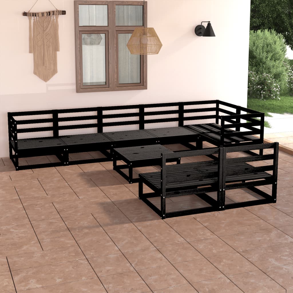 9 Piece Garden Lounge Set Black Solid Pinewood