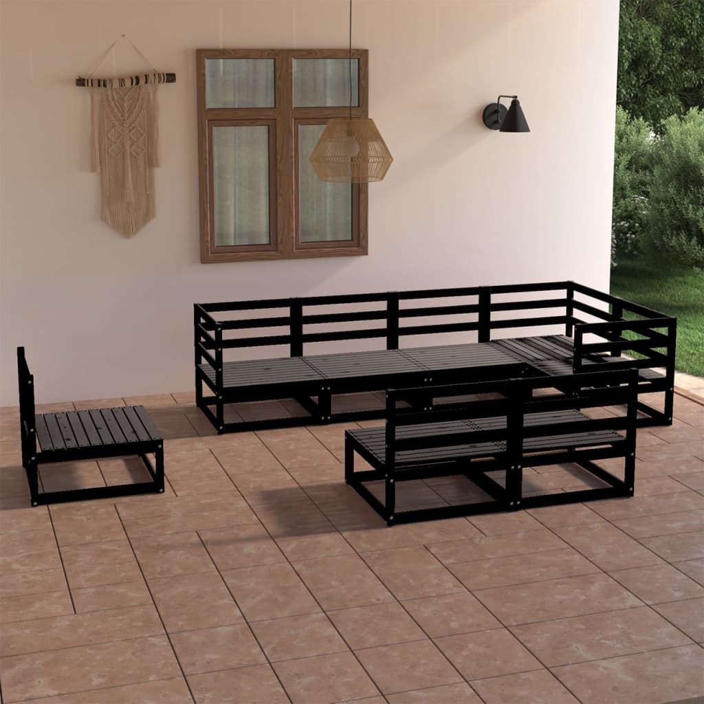 8 Piece Garden Lounge Set Black Solid Pinewood