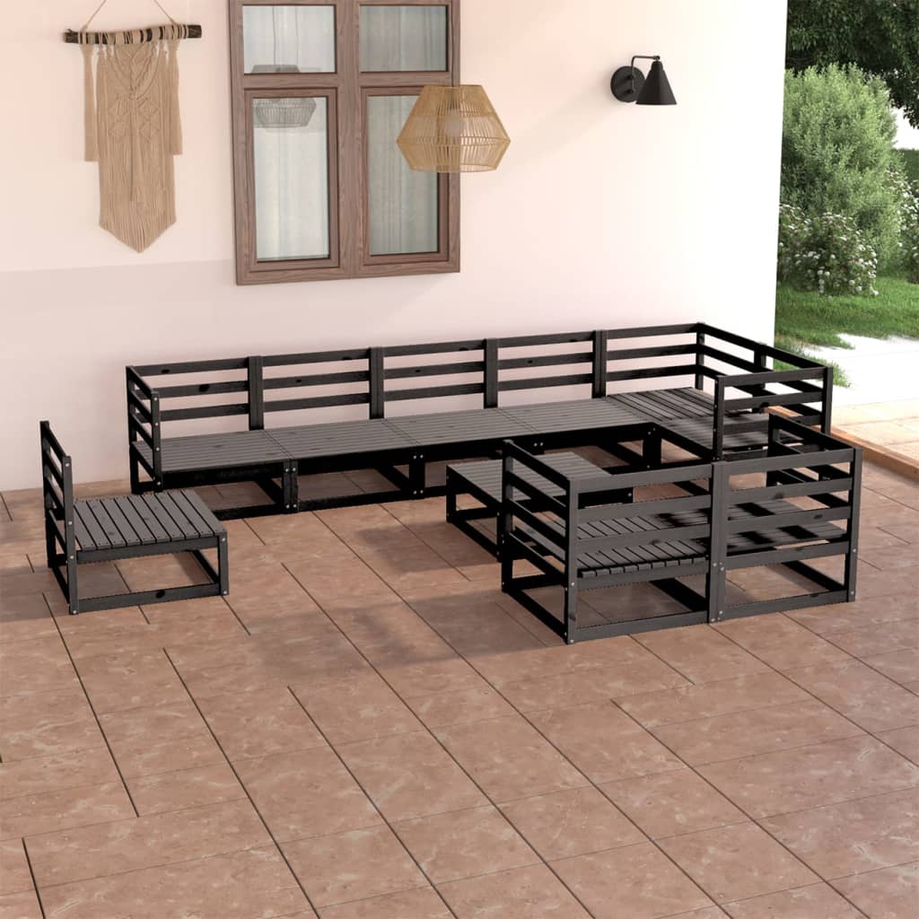 10 Piece Garden Lounge Set Black Solid Pinewood