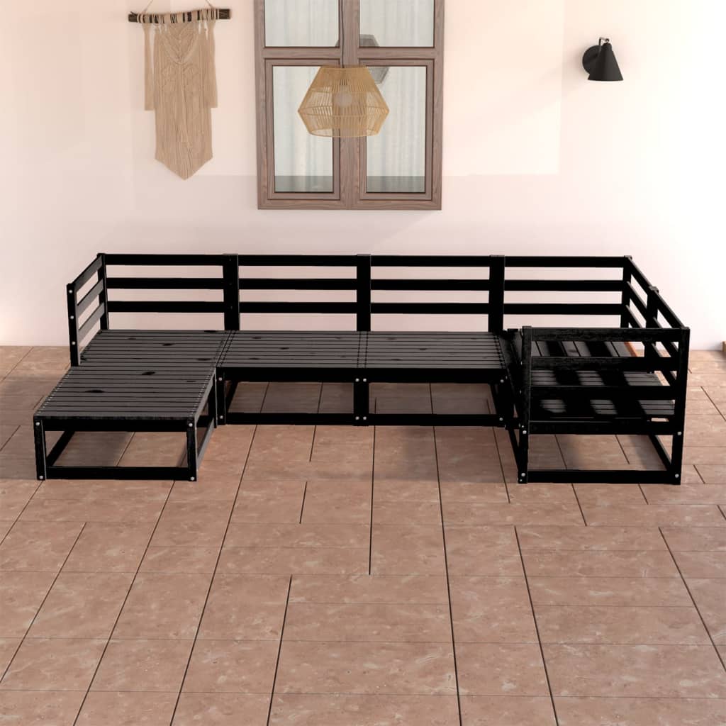6 Piece Garden Lounge Set Black Solid Pinewood