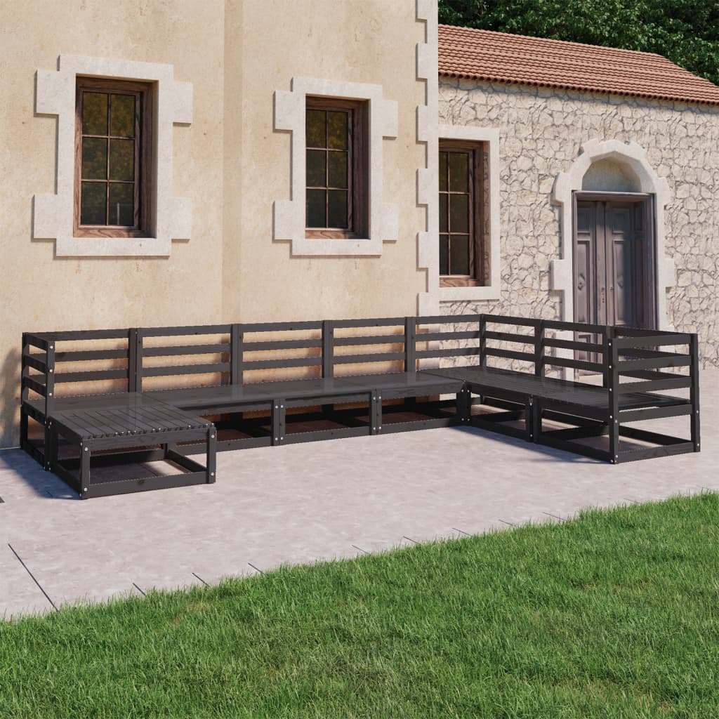 8 Piece Garden Lounge Set Black Solid Pinewood