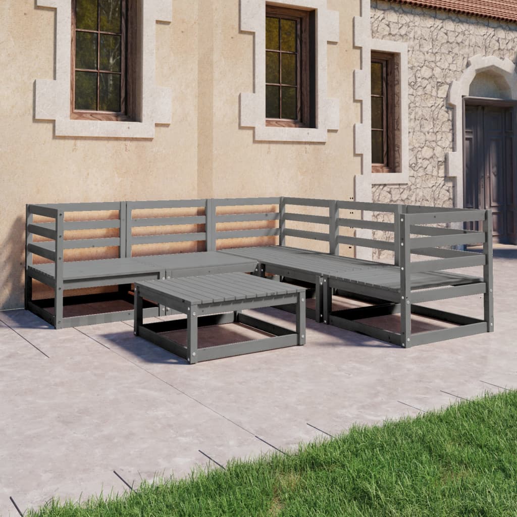 6 Piece Garden Lounge Set Grey Solid Wood Pine