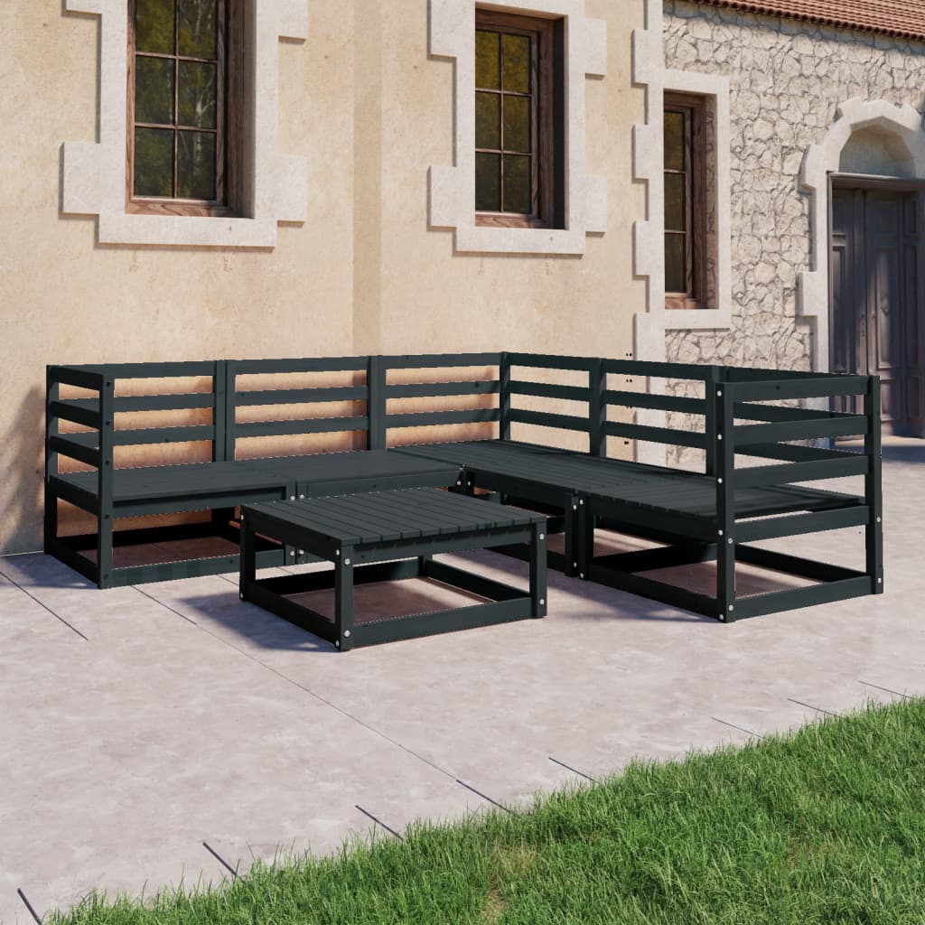 6 Piece Garden Lounge Set Black Solid Wood Pine