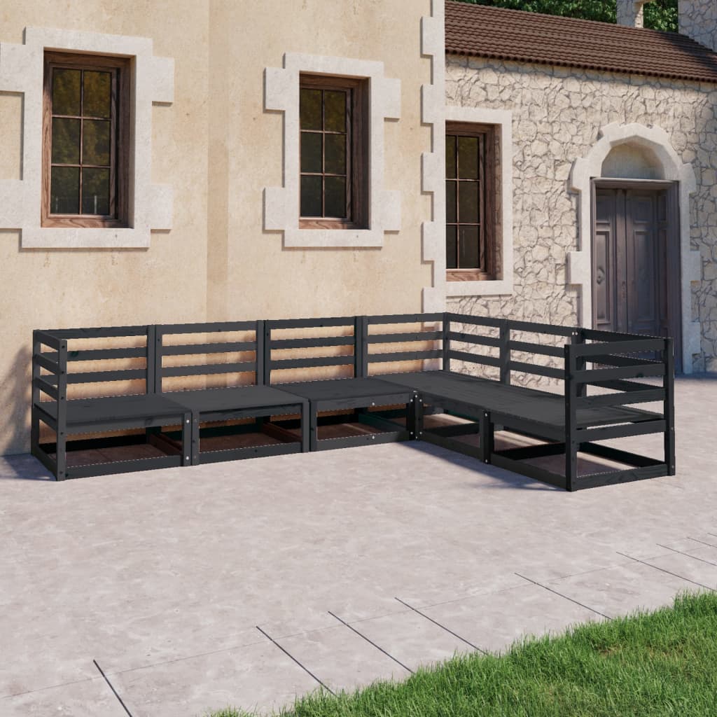 6 Piece Garden Lounge Set Black Solid Pinewood
