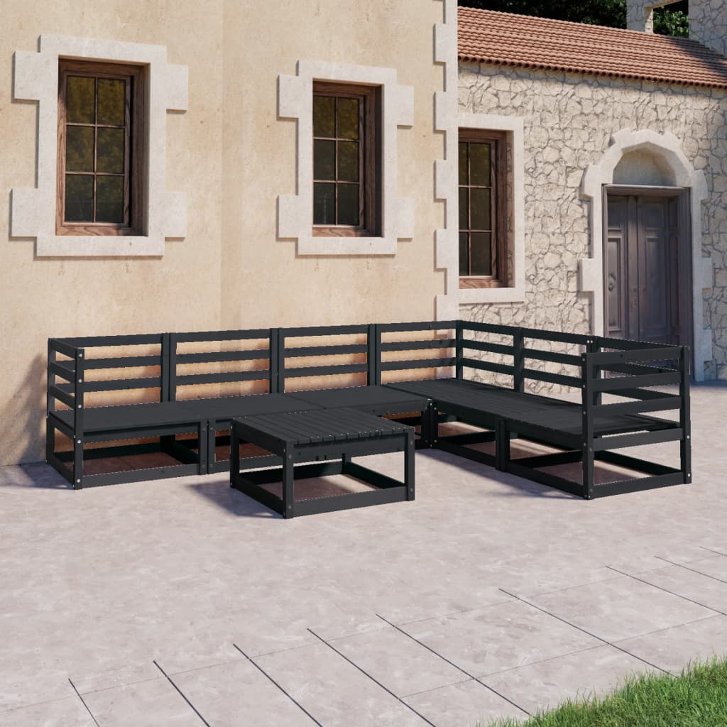 7 Piece Garden Lounge Set Black Solid Wood Pine