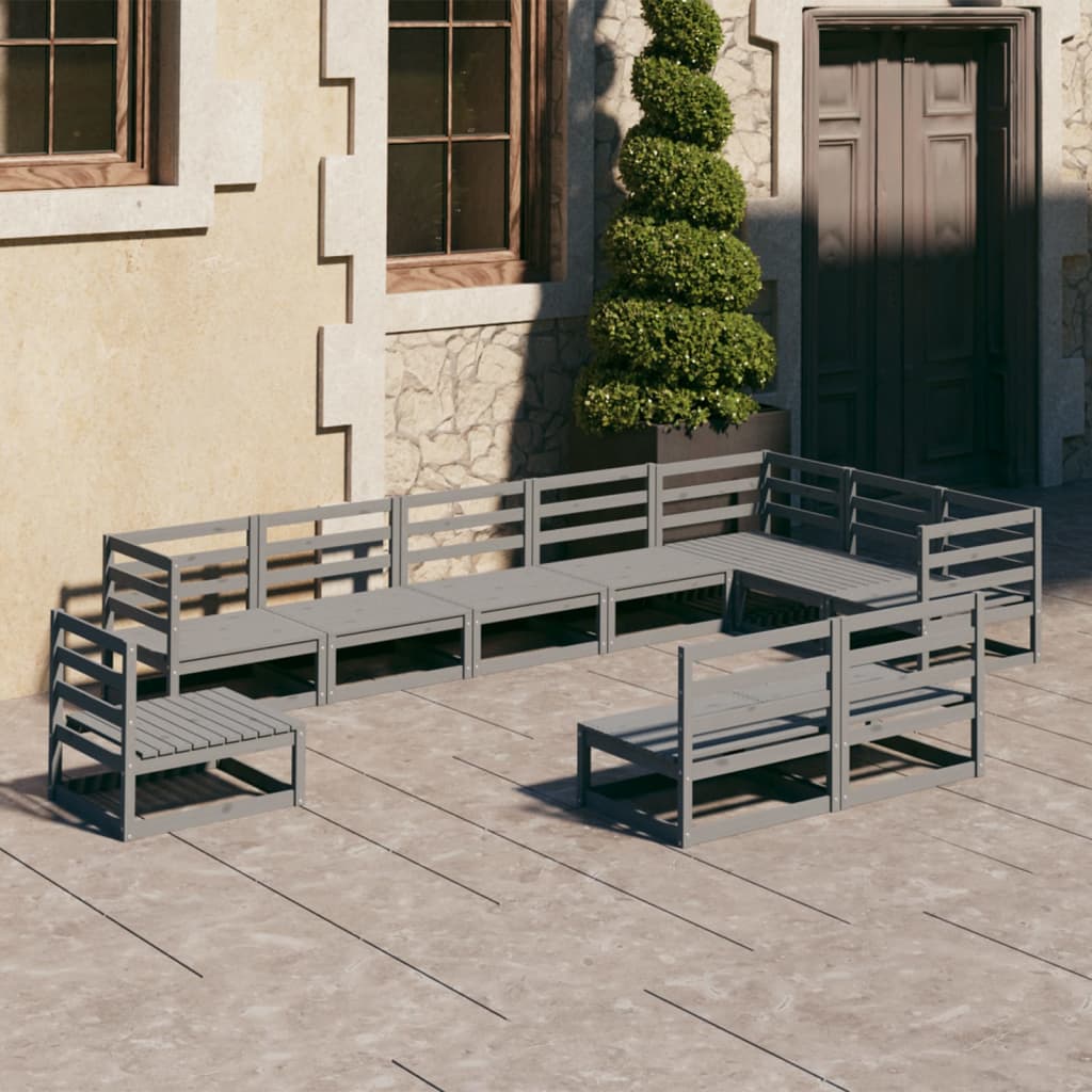 10 Piece Garden Lounge Set Grey Solid Pinewood