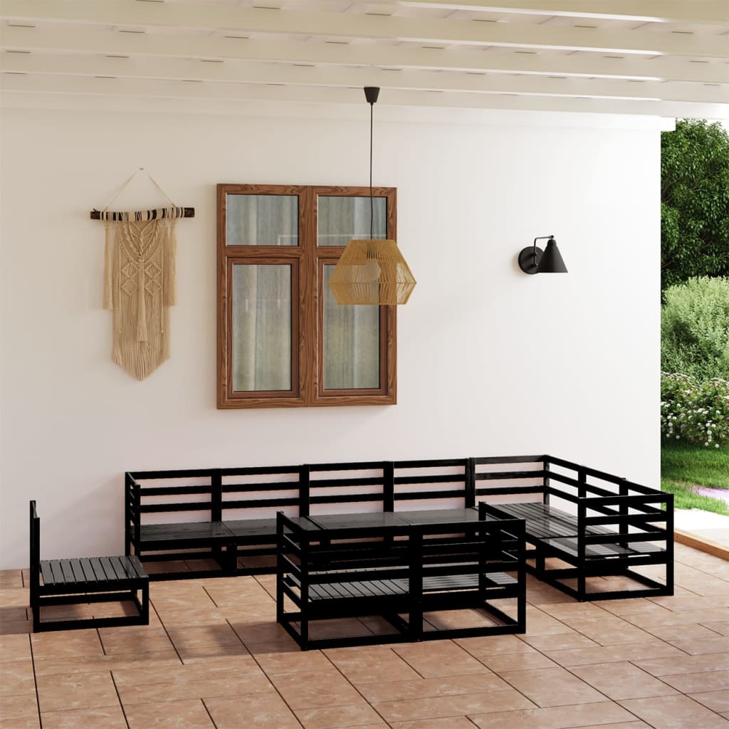 10 Piece Garden Lounge Set Black Solid Pinewood