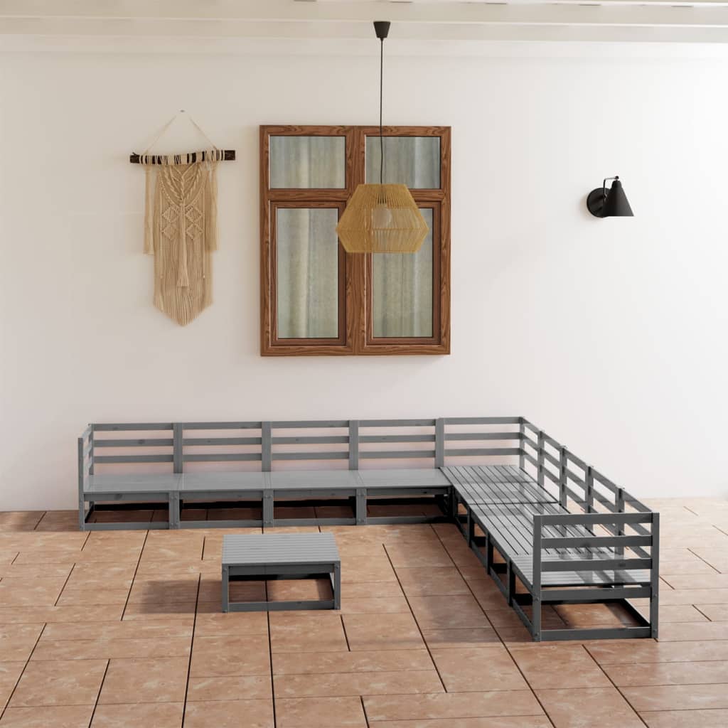 10 Piece Garden Lounge Set Grey Solid Pinewood