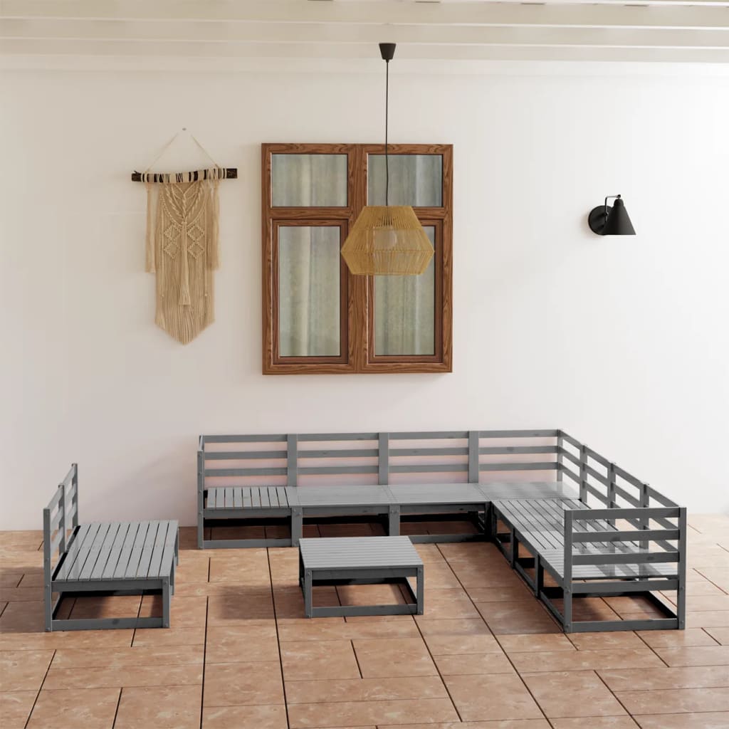 10 Piece Garden Lounge Set Grey Solid Pinewood