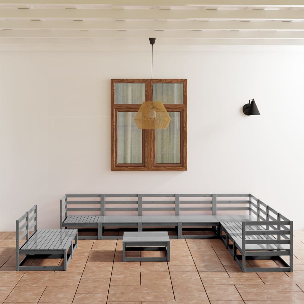 11 Piece Garden Lounge Set Grey Solid Pinewood