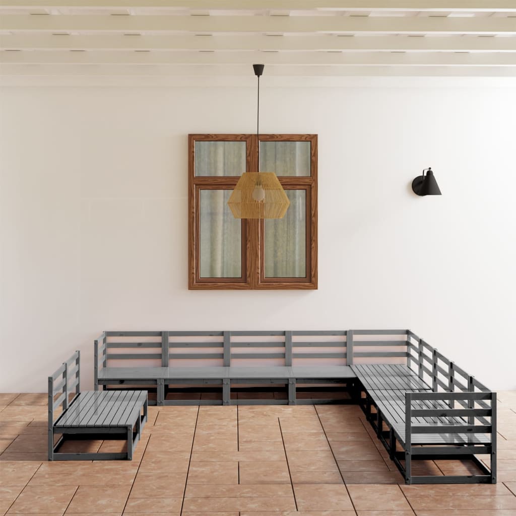 11 Piece Garden Lounge Set Grey Solid Pinewood