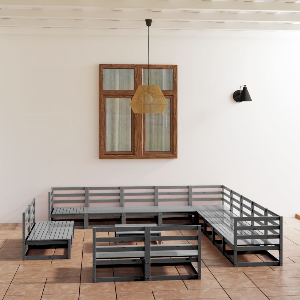 14 Piece Garden Lounge Set Grey Solid Pinewood