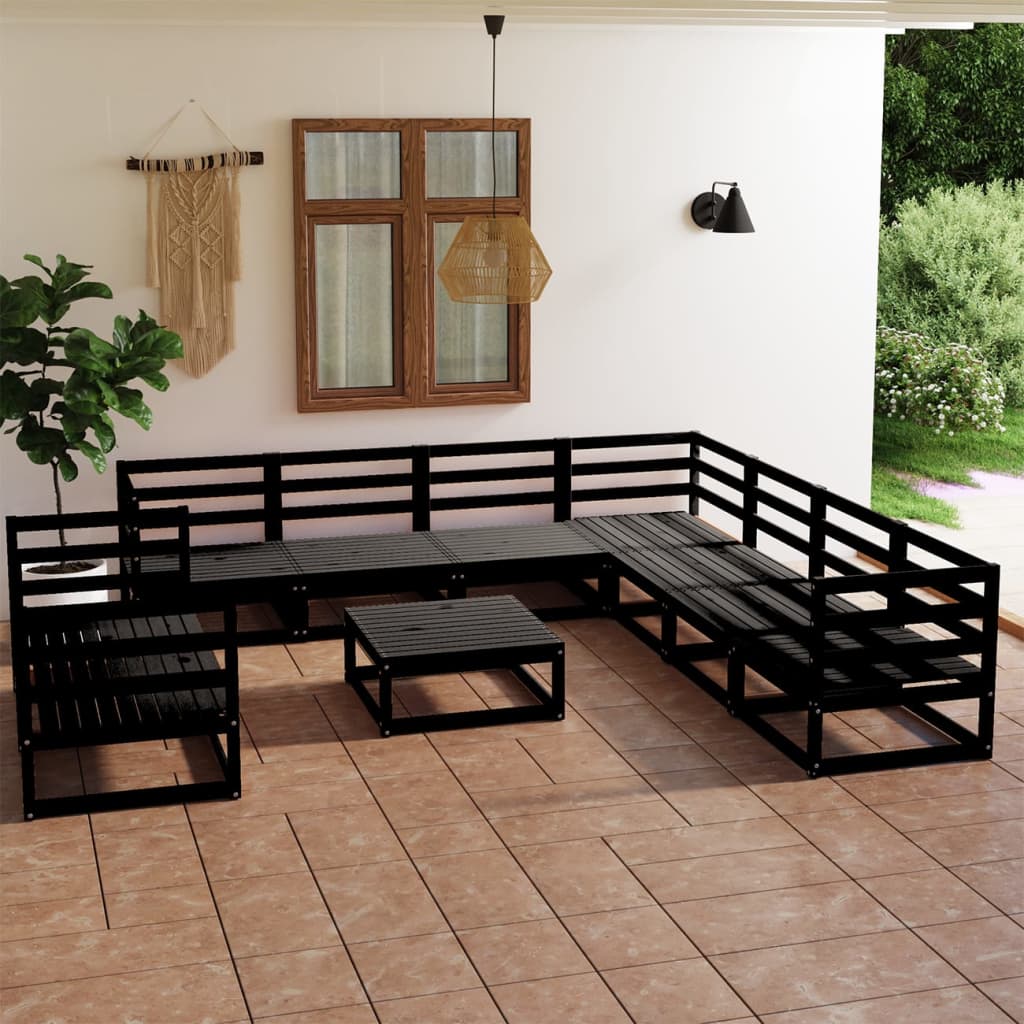 10 Piece Garden Lounge Set Black Solid Pinewood