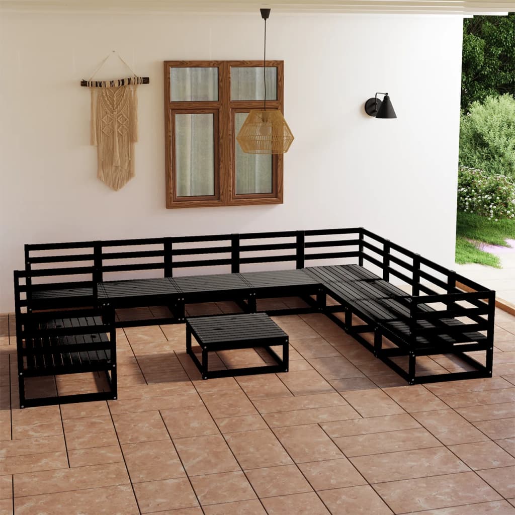 11 Piece Garden Lounge Set Black Solid Pinewood
