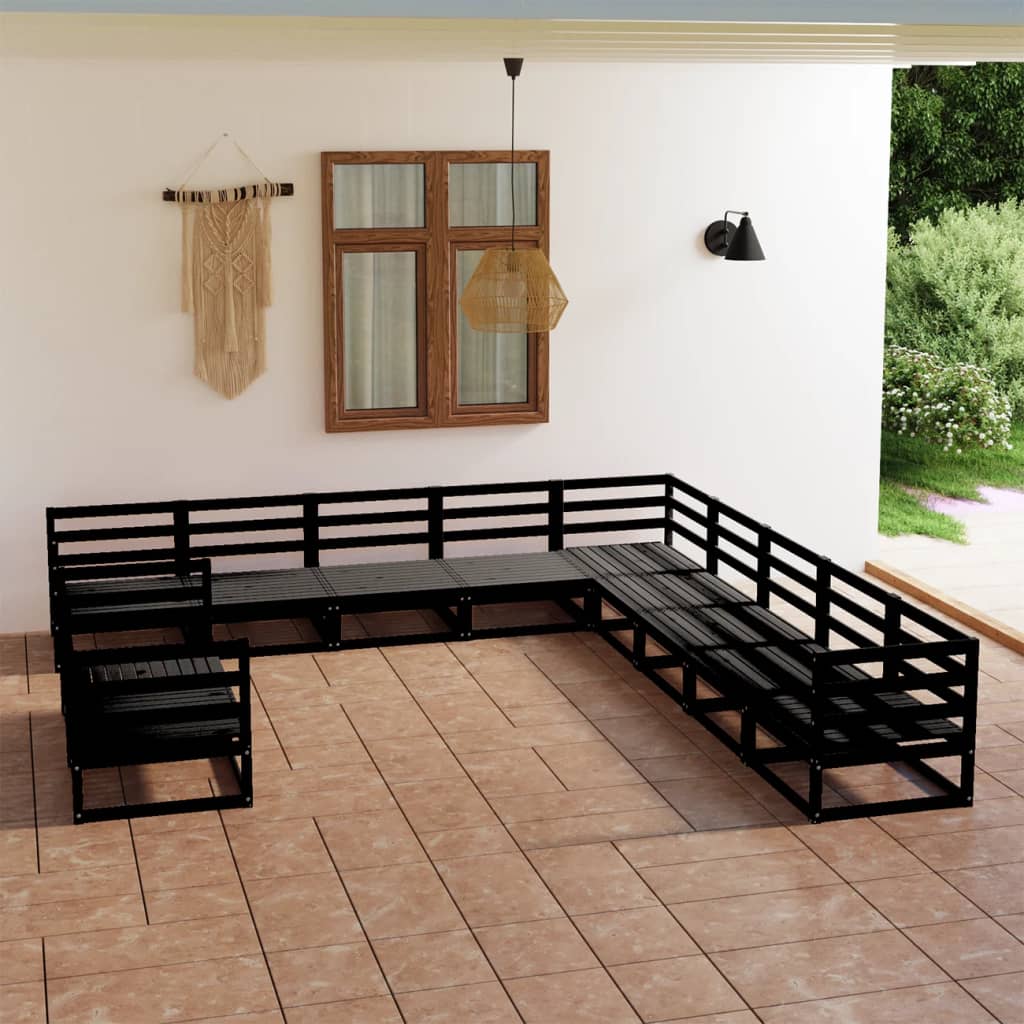 11 Piece Garden Lounge Set Black Solid Pinewood