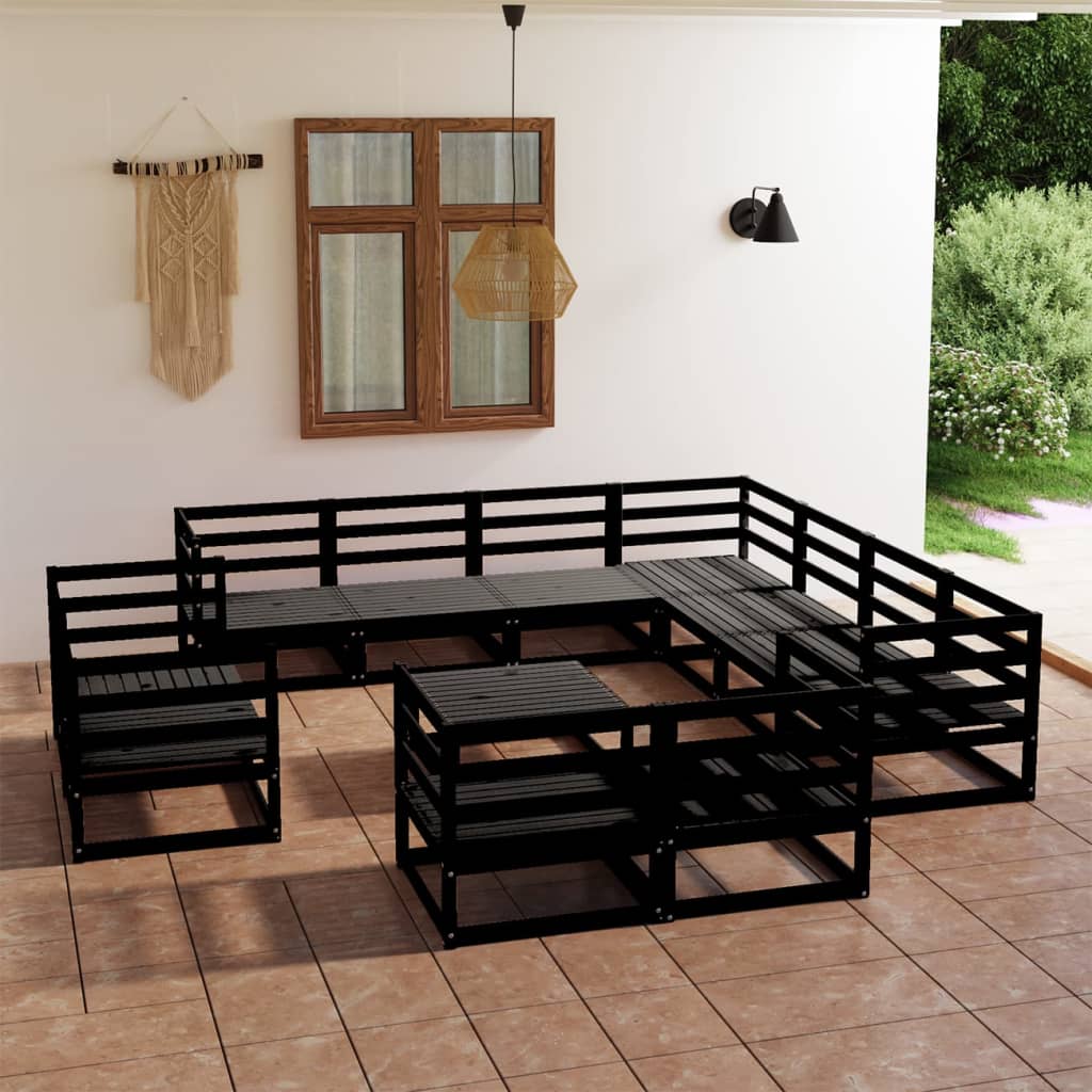 12 Piece Garden Lounge Set Black Solid Pinewood