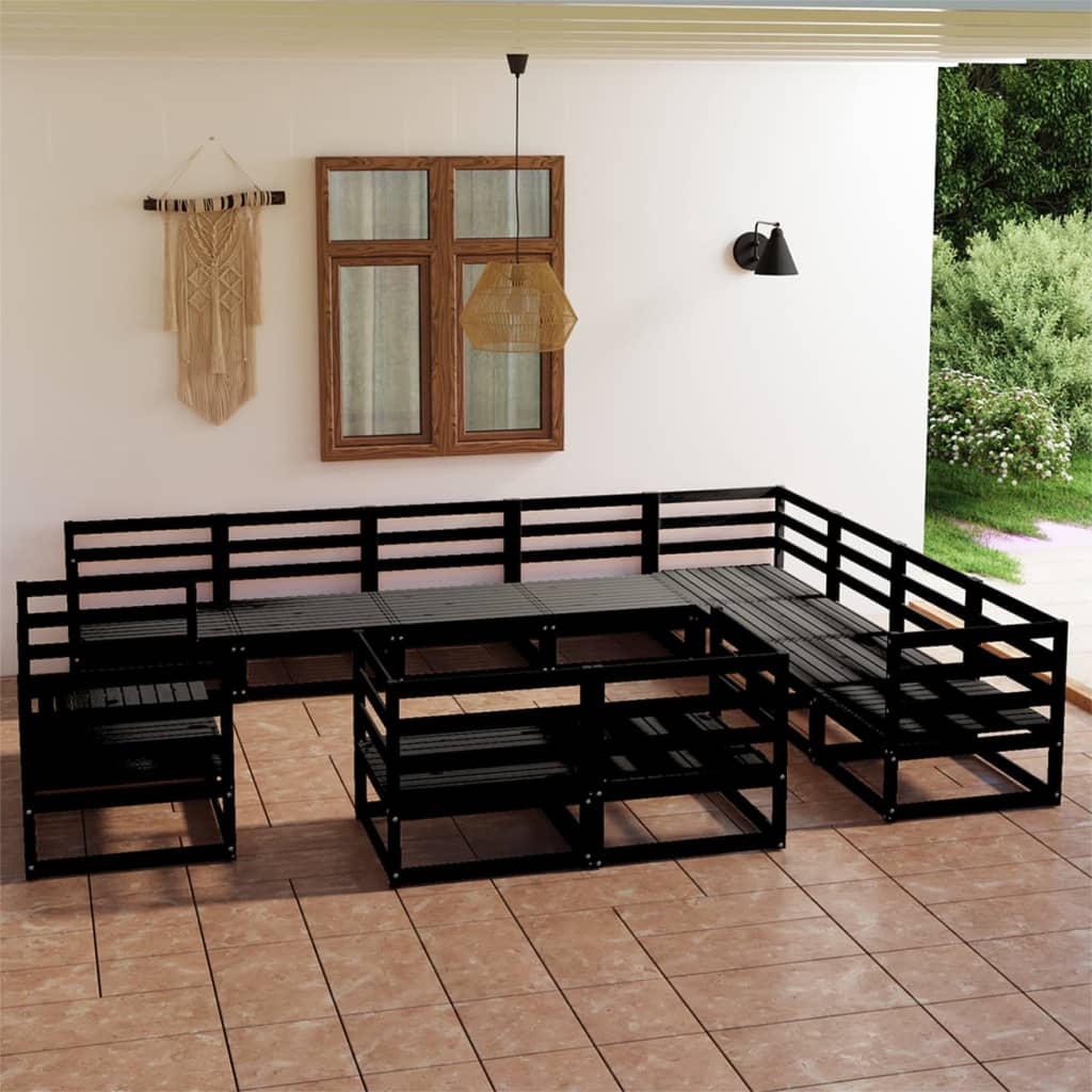 12 Piece Garden Lounge Set Black Solid Pinewood