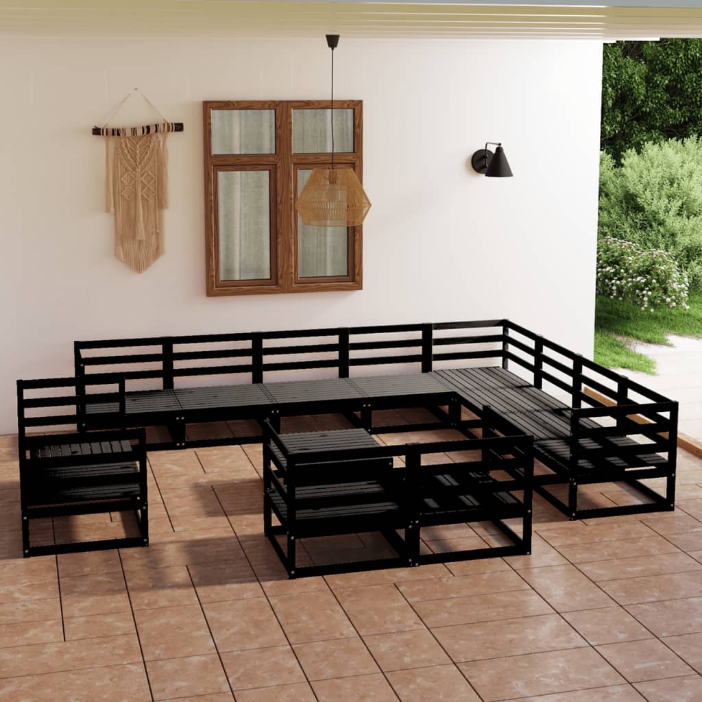 13 Piece Garden Lounge Set Black Solid Pinewood