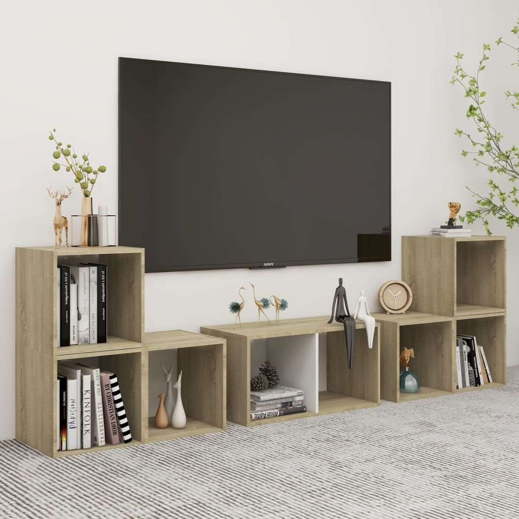 6 Piece TV Cabinet Set White and Sonoma Oak Engineered Wood