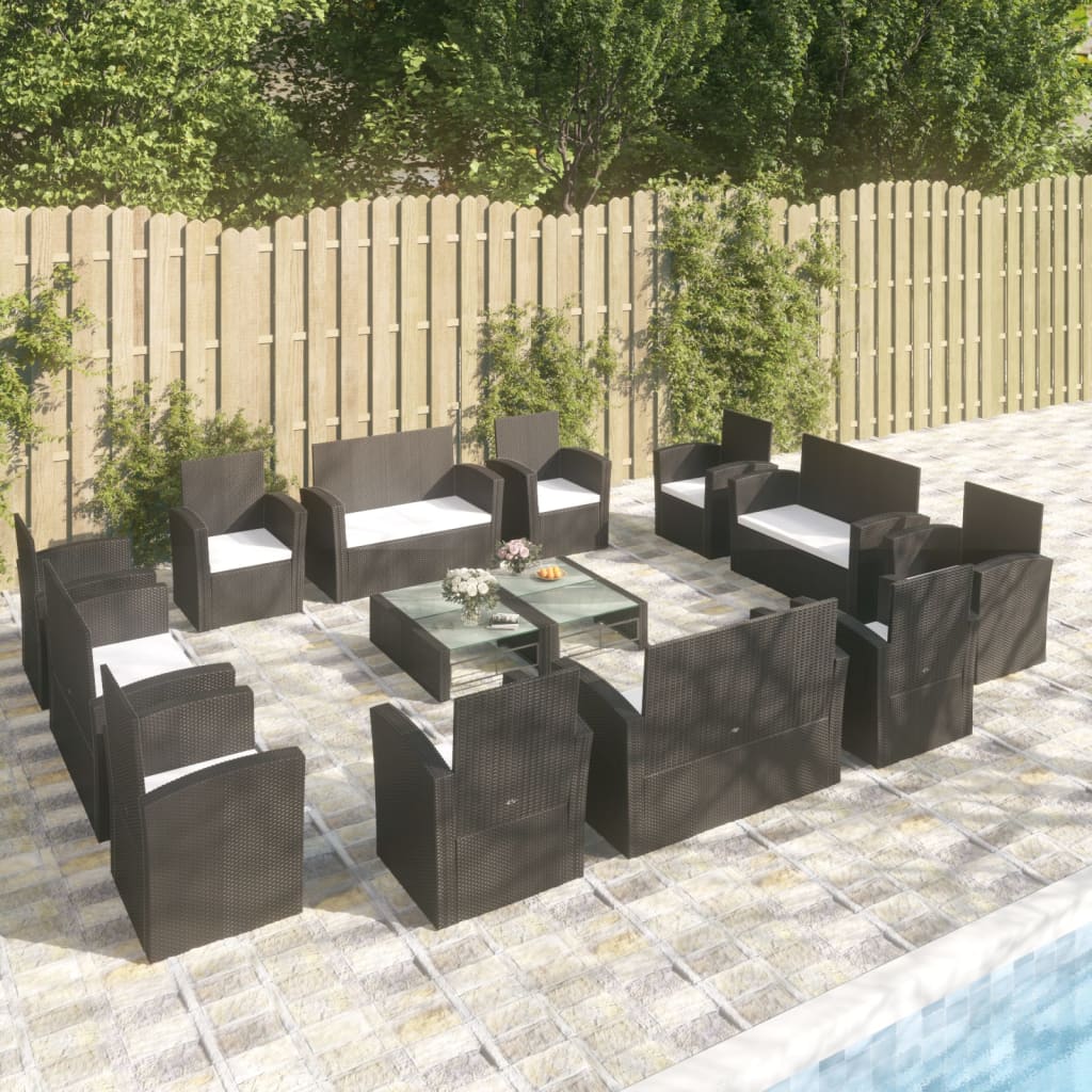 vidaXL Salon de jardin 16 pcs avec coussins Résine tressée Noir