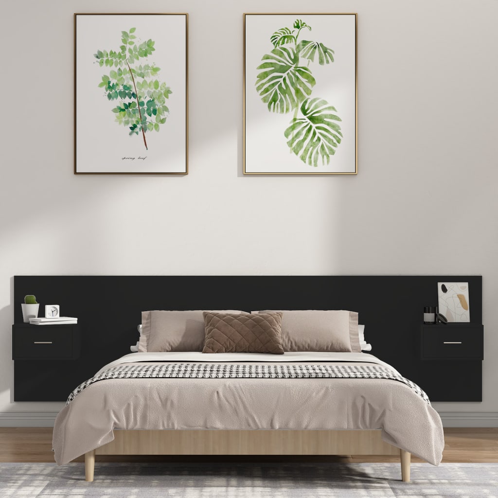 Bed Headboard with Cabinets Black Engineered Wood