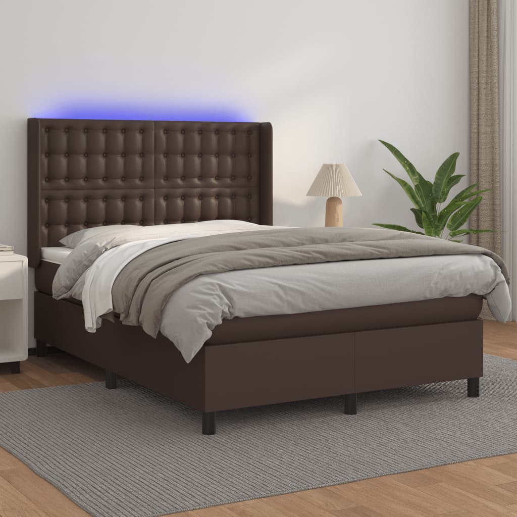 Boxspringbett mit Matratze & LED Braun 140x190 cm Kunstleder