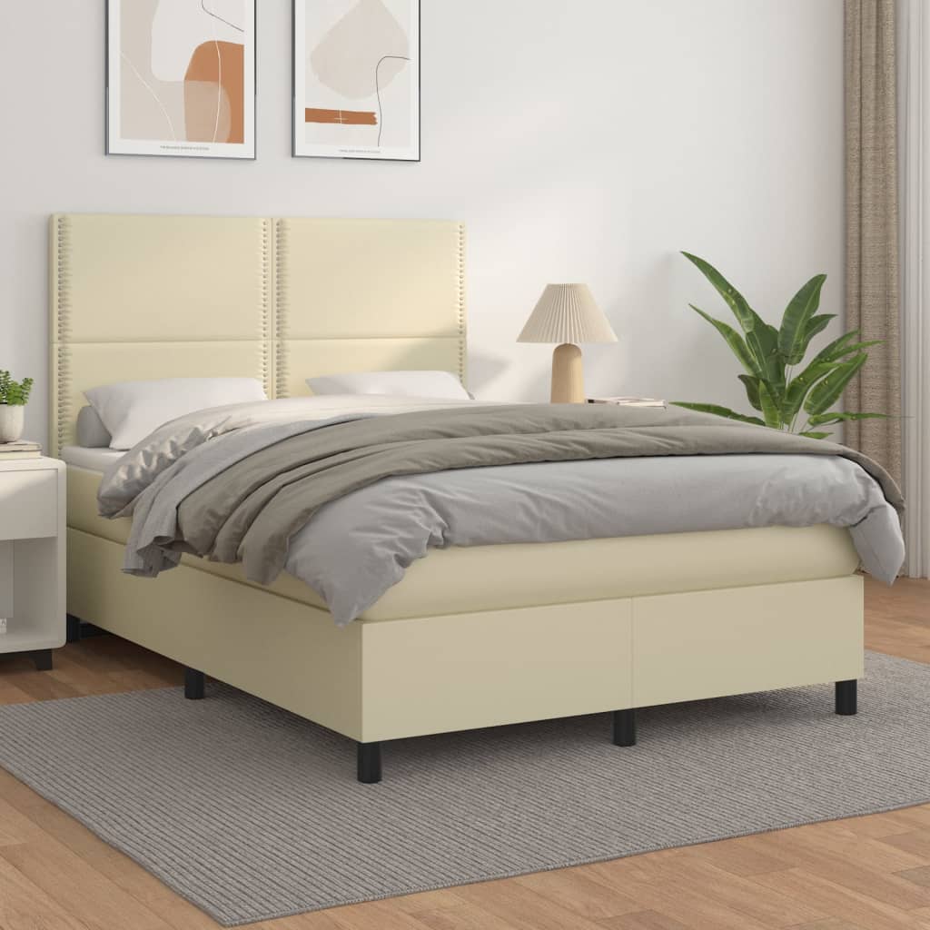 Boxspringbett mit Matratze Creme 140x190 cm Kunstleder