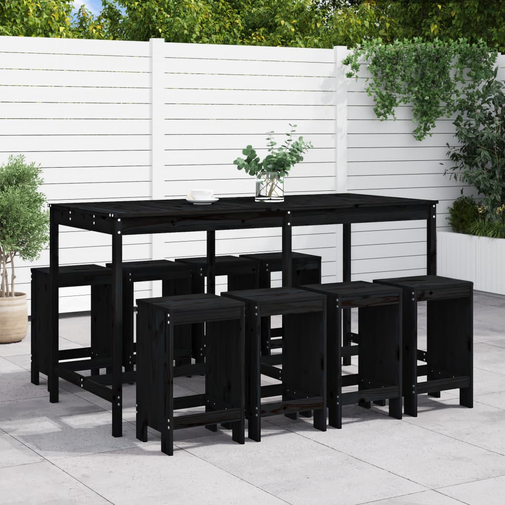 9 Piece Garden Bar Set Black Solid Wood Pine