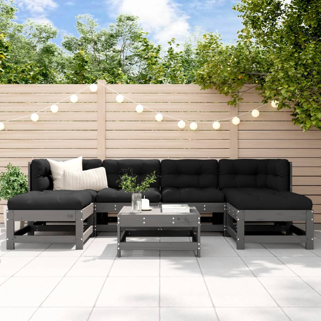 vidaXL Salon de jardin 7 pcs avec coussins gris bois massif