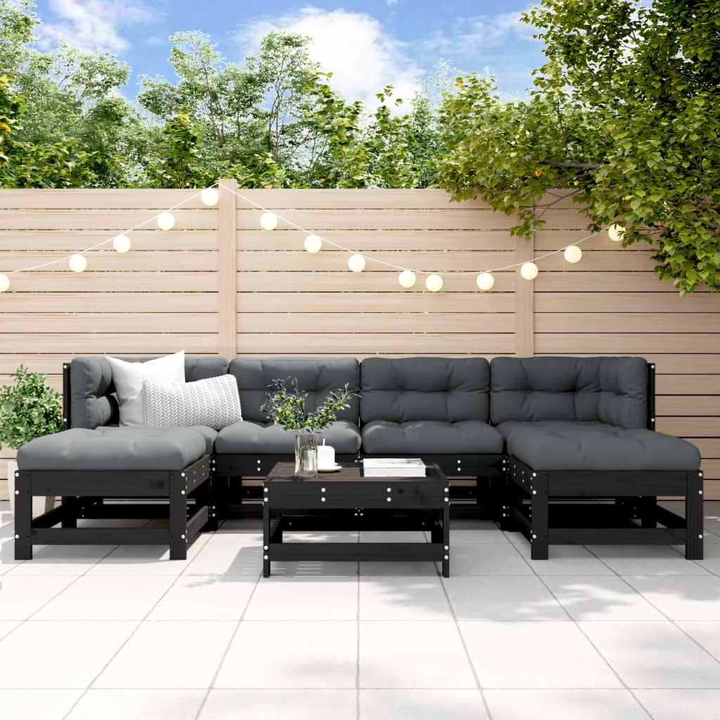 vidaXL Salon de jardin 7 pcs avec coussins noir bois massif