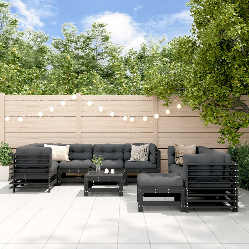 vidaXL Salon de jardin 10 pcs avec coussins noir bois massif