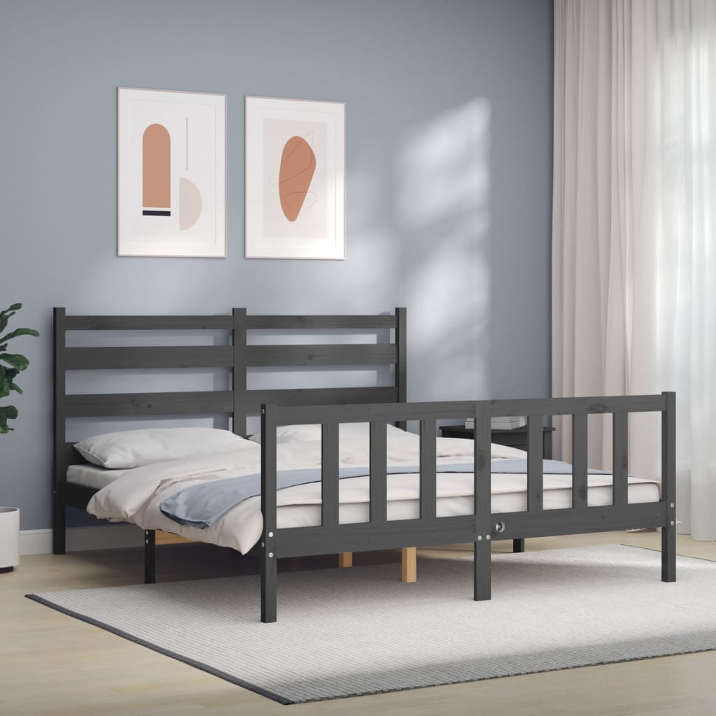Massivholzbett mit Kopfteil Grau 160x200 cm