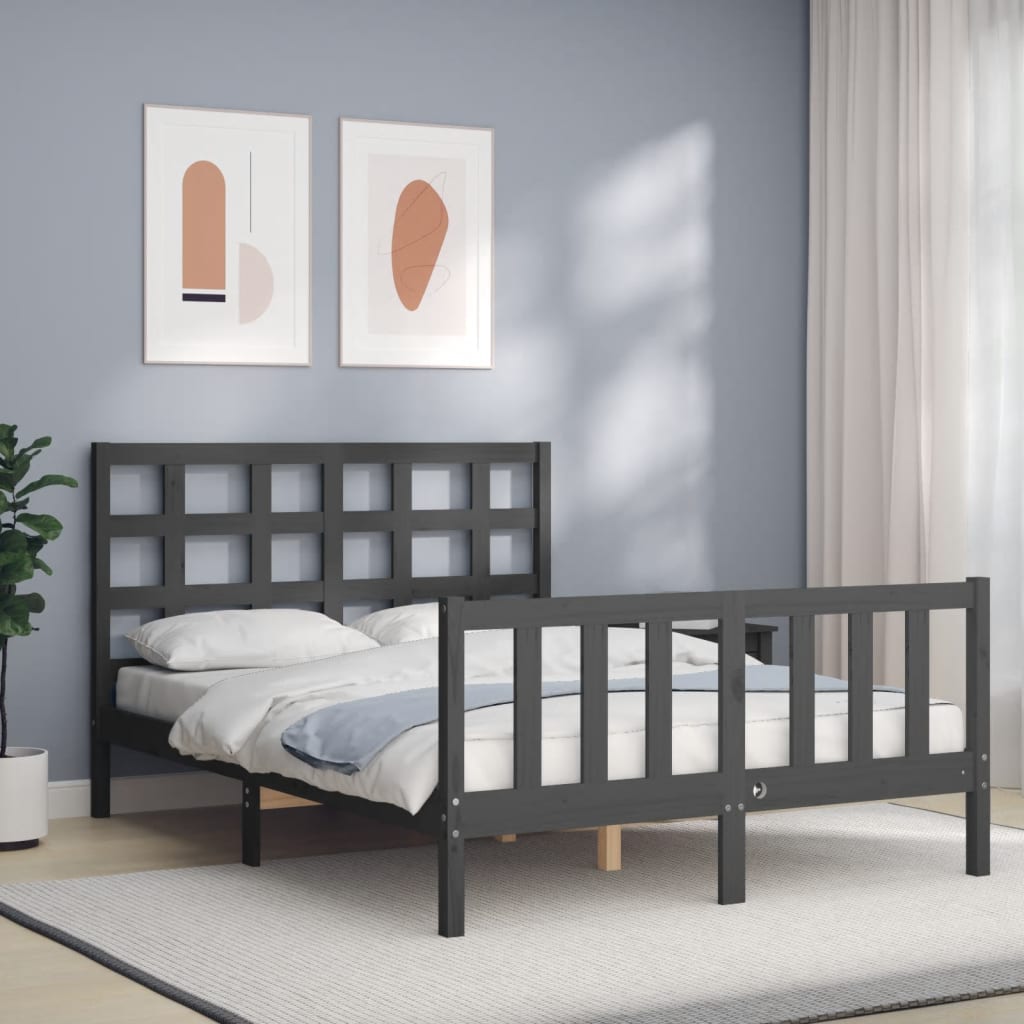 Massivholzbett mit Kopfteil Grau 140x190 cm