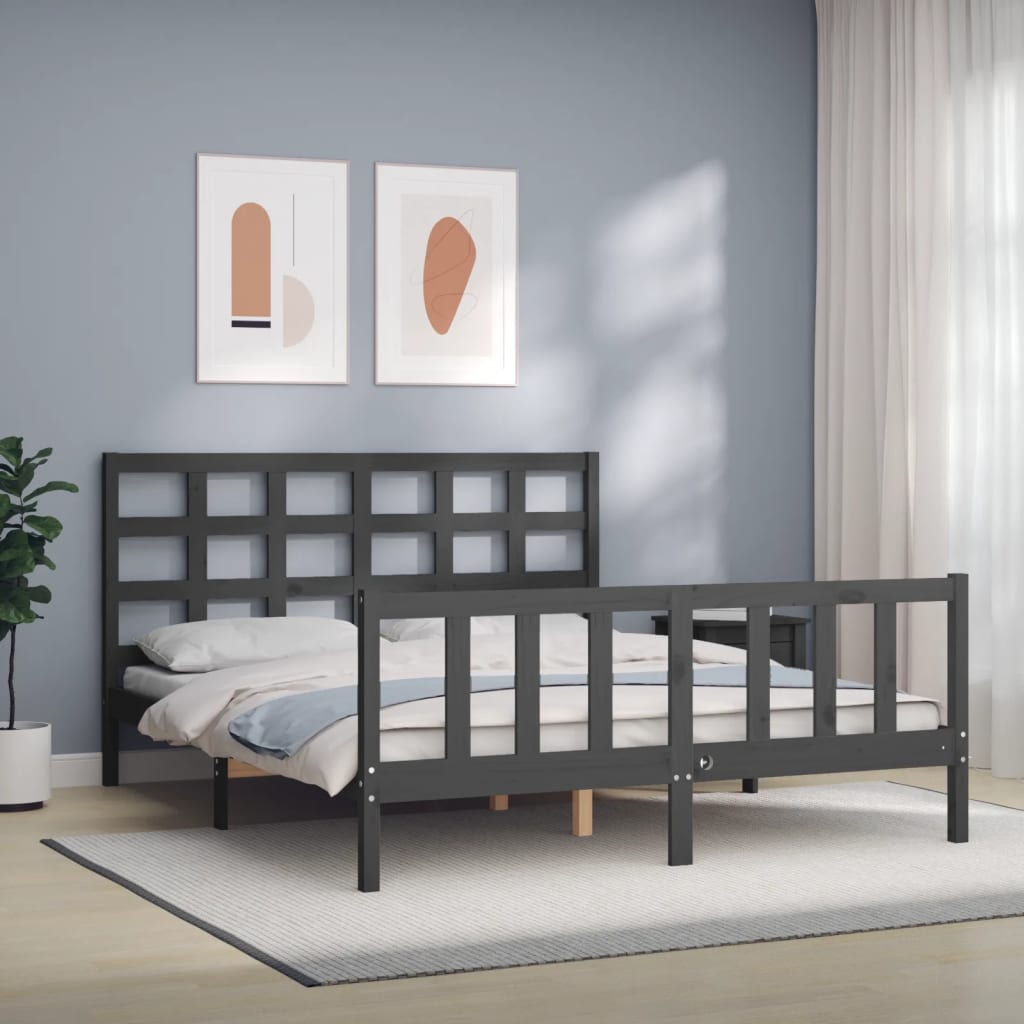 Massivholzbett mit Kopfteil Grau 160x200 cm