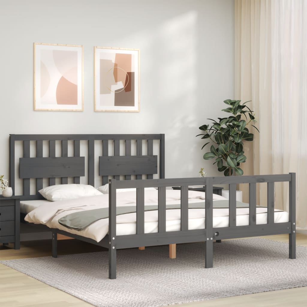 Massivholzbett mit Kopfteil Grau 160x200 cm