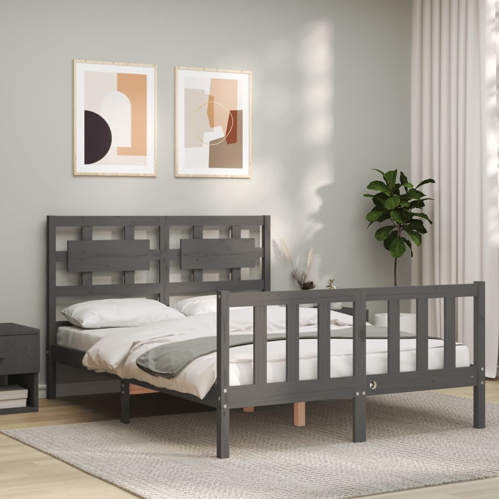 Massivholzbett mit Kopfteil Grau 140x190 cm