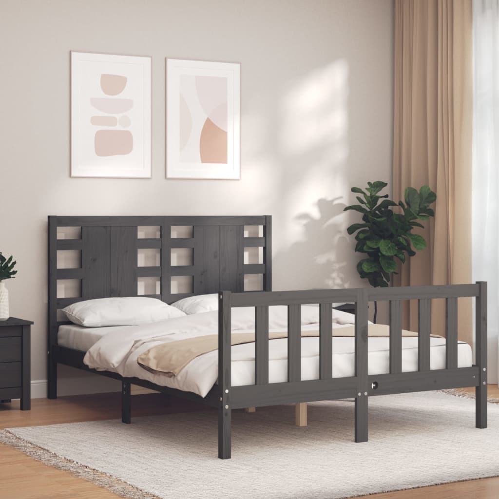 Massivholzbett mit Kopfteil Grau 140x190 cm