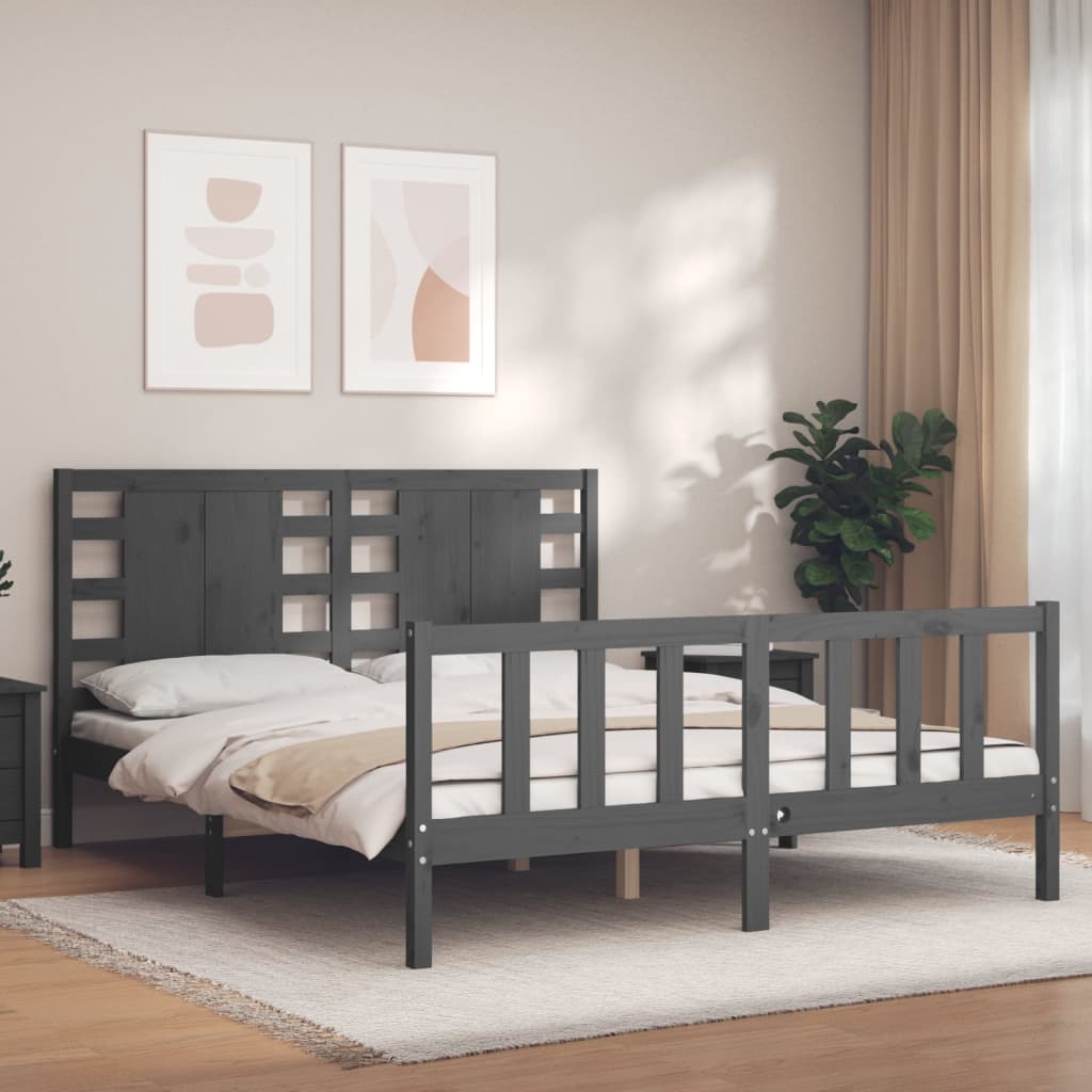 Massivholzbett mit Kopfteil Grau 160x200 cm